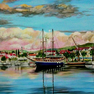 Nice City by Sunny - a sailing ship at anchor before a harbour town with red roofs and palms