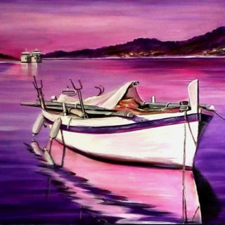 Boat in Pink by Sunny - a white moored boat on still water in magenta and violet