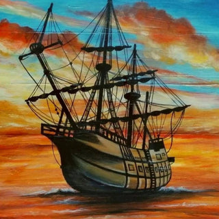 Beautiful Sailing by Sunny - an old tall ship with furled sails on an orange sea