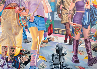 En liten människa i en färgstark värld… by Ramz Gadzh - a woman with a trolley among bright shoppers on a city pavement