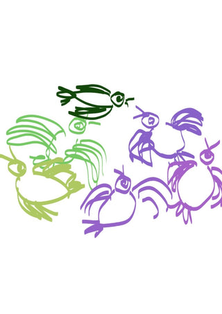 Birds in Green and Purple by Eva Hartman - seven birds drawn in single unbroken lines on white paper