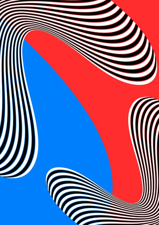 Stripes by Aleksi Allan - black and white striped ribbons curling across red and blue fields