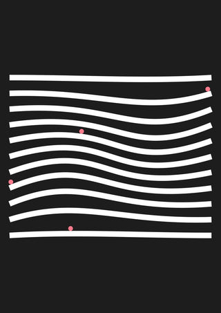 Marbels by Aleksi Allan - white bands waving across black with four small pink dots