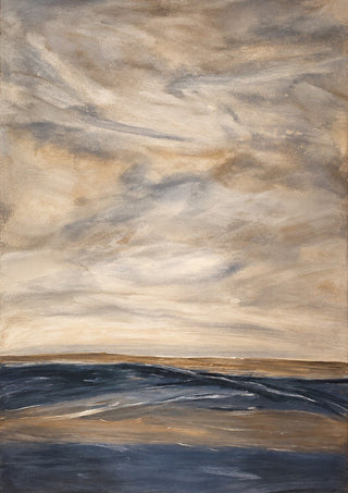Whispers of Silence by Maya - a shoreline in ochre and grey-blue under a tall cloudy sky
