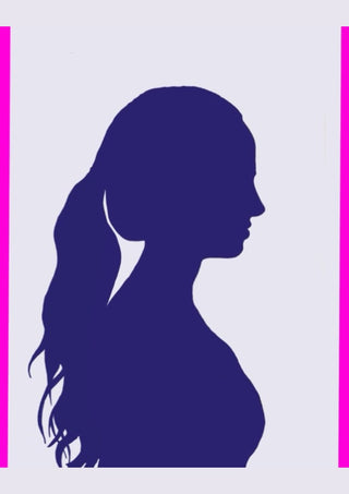 Femininity by Tonia - a navy silhouette of a woman with long wavy hair between two magenta bars