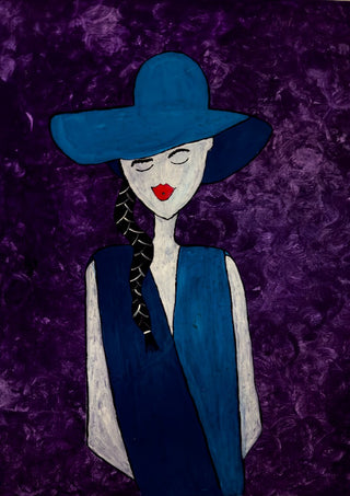 The Midnight Silhouette by Bibi - a woman in a wide blue hat with a long dark braid on violet