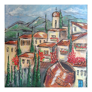 Cyprus village by Dina - pale houses, a church tower and cypresses on a green hillside