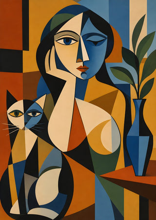 Cubist Woman with Cat and Vase by TimlessArtworks - a geometric portrait in blue, ochre and orange