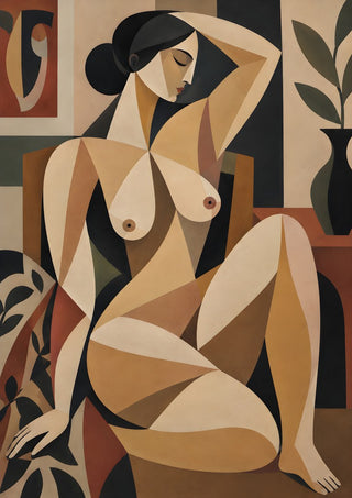 Cubist Nude Figure by TimlessArtworks - a seated figure in flat planes of beige and clay