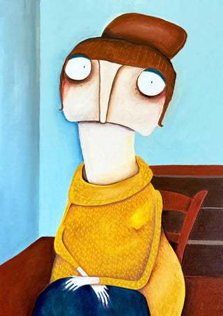 Die 12 Sündenfälle: Heuchelei by lacaluna - a long-faced figure in a mustard-yellow sweater on pale blue