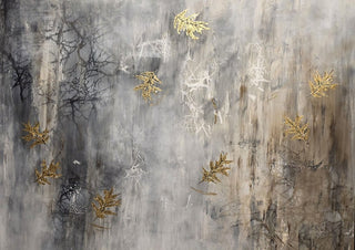 Letting go by Sabine Halbrock - golden leaf sprigs scattered over a streaked grey field