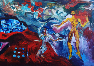 Valley of Angels by Will Black - a yellow winged figure above a red hillside and a blue village