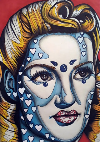 Pinup Girl by Okiana - a blue and cream face with white hearts against flat red