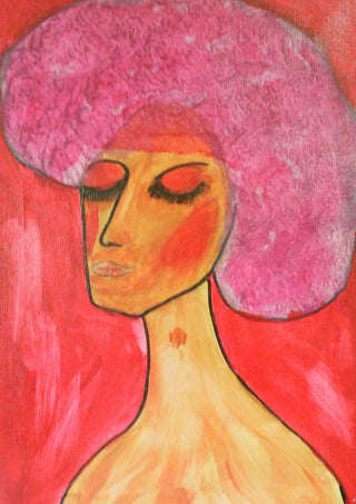 woman with a birthmark by Ian Frederick Harris - a woman with wide pink hair on flat coral