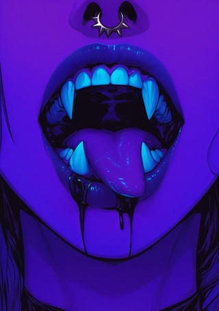 I dont bite. Much. by Melancholy Machinations - a close-up open mouth with fangs in violet light