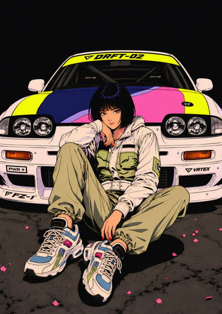 Drift Division by Melancholy Machinations - an anime girl sitting in front of a striped white race car