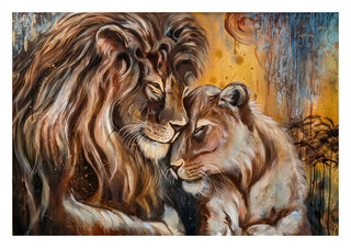 Protective Instinct by Elisa Kay - a lion and a lioness resting their heads together against a golden yellow ground