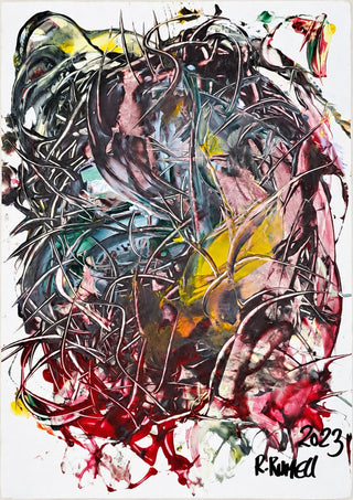 Tangle by Ronald Rumell - a dense knot of black lines with red and pink breaking through