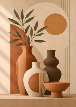 Earth Tone Still Life with Ceramic Vases by TimlessArtworks - clay and cream vessels with olive branches