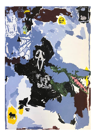 LOVE IS A DOG FROM HELL by Oscar Birch - a Ghostface figure and a green crocodile in blue and brown