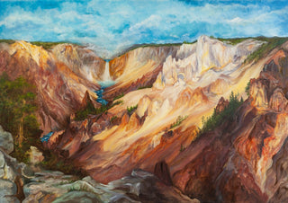 CanyonMagic by Eledina - a sunlit canyon with a waterfall and pines in ochre, cream and rust