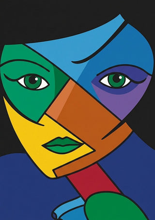 Mosaic of the Psyche by Bibi - a face broken into flat planes of green, blue and orange