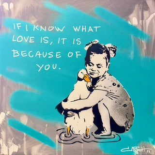 Because of You by Cash - a girl holding a duck in a puddle against turquoise and grey