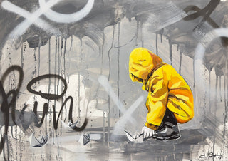 Paper Boats by Cash - a boy in a yellow raincoat floating paper boats on a grey wall