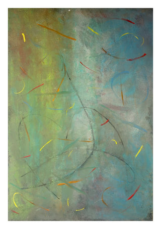Drifting Marks by Miguel Lemos - scattered yellow and red marks on a soft green field