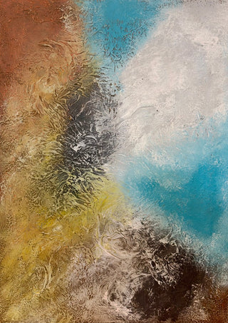 Shifting Ground by Miguel Lemos - rust and ochre meeting turquoise in heavy scraped paint