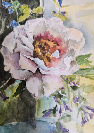 White Peony by RenataK - a white peony and blue bellflowers against a deep green ground