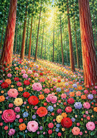 Rose Path in the Forest by Yokohama - red-brown tree trunks over a carpet of pink, red and orange blooms