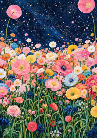 Starlit Flower Field by Yokohama - pink poppies, daisies and cornflowers under a starry night sky