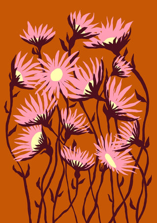 Whimsical flowers by Astrid Lind - pink flowers on dark stems against a burnt orange ground