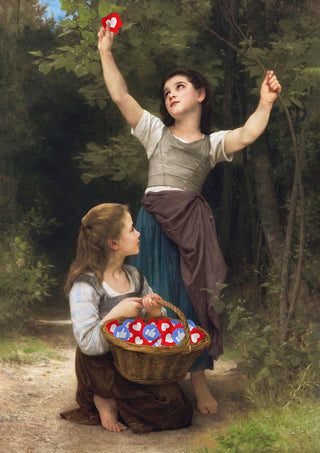 Picking Up Likes by Dikhotomy - two girls in a forest gathering hearts and likes into a basket