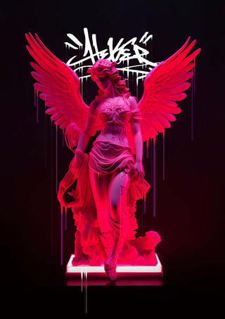 Neon Athenea by Dikhotomy - a winged classical statue lit in hot pink neon against black