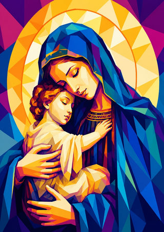 Virgin Mary and Baby Jesus by nyai - Mary holding the child in faceted blue and gold against magenta