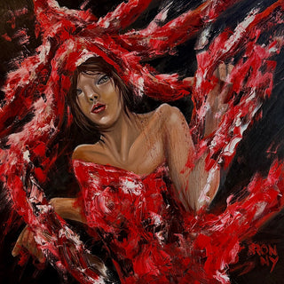 The Party by Ronny Simon - a woman in a red strapless dress amid thick red and black strokes