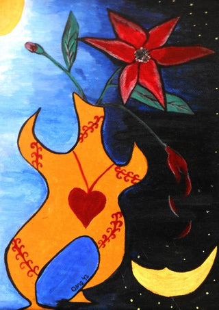 Human Vase by A Sleepy Spirit Art - an orange body-shaped vase with a red flower between day and night