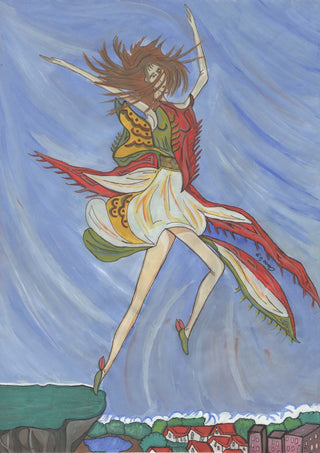 As soon as I can fly by A Sleepy Spirit Art - a woman leaping from a green cliff above a village by the sea