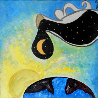 Day into night by A Sleepy Spirit Art - black shapes and a gold crescent moon over a blue and yellow wash