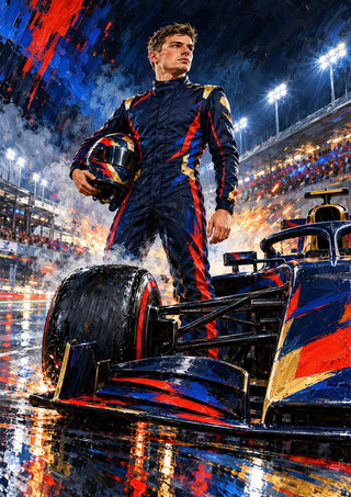 Max Verstappen F1 by Danii Steinfeldt - Max Verstappen beside his navy and red car on a wet track