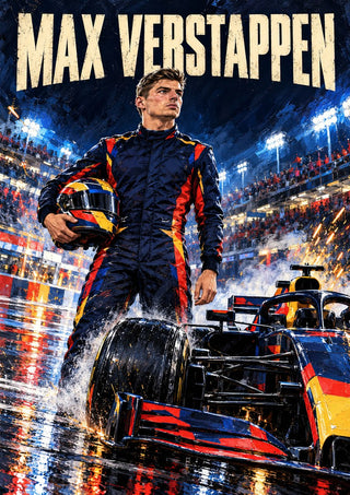 Max Verstappen by Danii Steinfeldt - Max Verstappen standing over his navy and red Formula 1 car