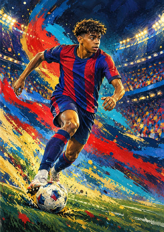 Lamine Yamal Barcelona by Danii Steinfeldt - Lamine Yamal running with the ball in blue and claret stripes