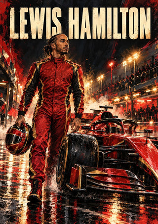 Lewis Hamilton by Danii Steinfeldt - Lewis Hamilton walking a wet track in red beside his car