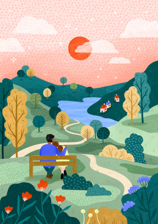 Couple's Peaceful Horizon by Bea Müller – couple on a bench overlooking green hills, lake and sunset