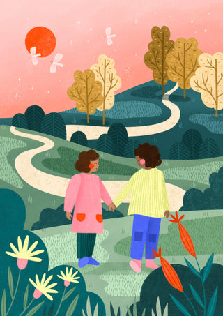 Friends Walking Winding Path by Bea Müller – two friends holding hands on a winding path through green hills
