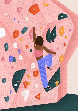 Dynamic Pink Wall Climb by Bea Müller – woman bouldering on a pink climbing wall with colourful holds