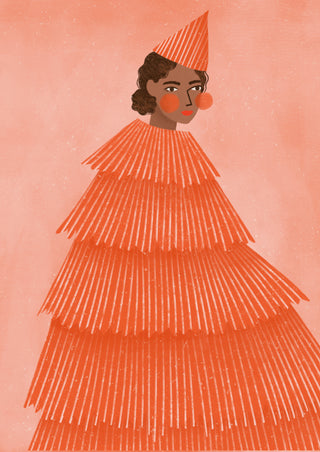 Orange Party Girl by Bea Müller – woman in a tiered orange fringe dress and party hat