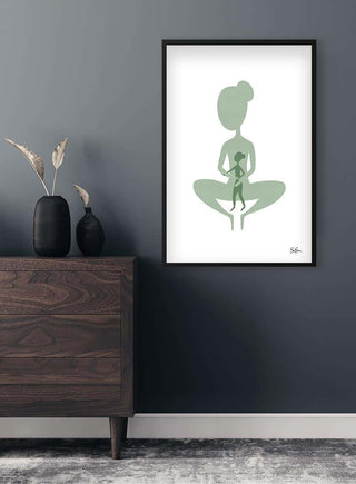 Minimalist Sara Sonne "Contact" art poster featuring abstract human forms, framed and displayed above a dark dresser.